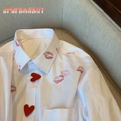 Korean Casual White Long Sleeve Shirt with Heart Print
