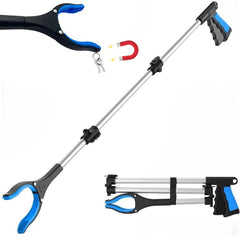 FitPlus PowerGrip T9 Extra Long Grabber Reacher Tool Wide Jaw Foldable Trash Pickup Tool Steel Cable with 96 Grip Points for Firm Grip 32" with Magnet (Blue 43 Inch)