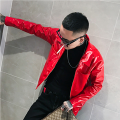 Men's Motorcycle Leather Jacket with Lapel Design