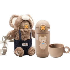 Cute Plush Bear Thermal Cup with Dual-purpose Straw 450ml