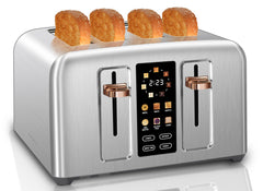 SEEDEEM Toaster 4 Slice Stainless Toaster & Touch Control LCD Display 6 Bread Type 7 Shade Settings 1.5 Wide Slots Cancel/Defrost/Reheat Removable Crumb Tray 1800W Silver Metallic