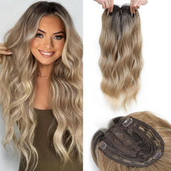 Fine Plus 20inch Hair Topper 6.8"X6.8" Hair Toppers for Women with Thinning Hair Synthetic Wavy Toppers Hair Pieces for Women Large Base Wiglets Ladies Clip in Hair Topper-Ombre Dark Blonde