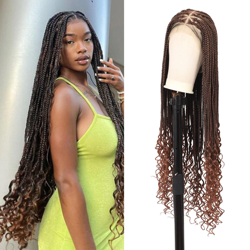 Youthfee 360° HD Full Lace Knotless Braided Wigs with Boho Curly Ends for Women Braided Lace Front Wigs with Baby Hair Human Hair Blended Brown Natural Box Braided Wig 36 Inch