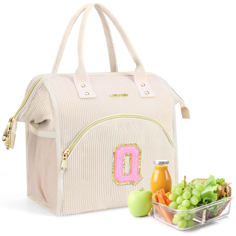 ADYOOM Personalized Lunch Box for Women Preppy Reusable Insulated Initials Lunch Bag Gift for Friend Large Wide-Open Water Resistant Adult Cooler Tote Bag for Work Travel Picnic Beige Q