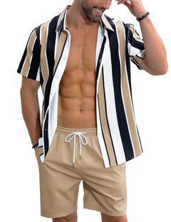 LecGee 2 Piece Shirt Set Vacation Outfits For Men Short Sleeve Hawaiian Shirt Loose High Waisted Shorts Set