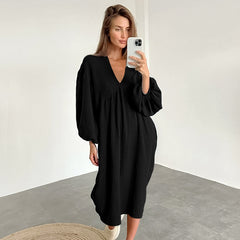Autumn Long Sleeve Sleep Dress with V-Neck for Women
