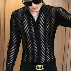 Men's Slim Fit Long Sleeve Lace Mesh Shirt in Red