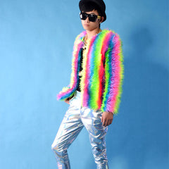 Men's Colorful Faux Fox Fur Coat with Long Sleeves