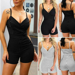 Striped V-Neck Slim Fit Romper Shorts