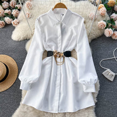 White Shirt Dress with Metal Buckle