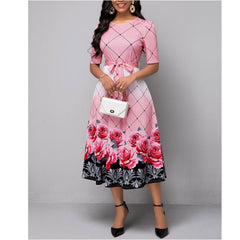 Mid-Length Round Neck High Waist Lace Printed Dress