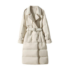 Women's Long Down Collar Parka Coat with Tie Belt