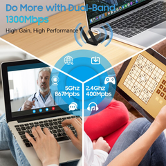 USB 3.0 Wireless WIFI Adapter 1300Mbps Long Range Dongle Dual Band 5Ghz Network