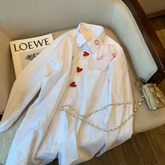 Korean Casual White Long Sleeve Shirt with Heart Print