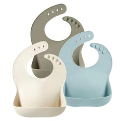 PandaEar Silicone Baby Bibs Set of 3 for Toddlers BPA Free Waterproof Adjustable Feeding Bib with Large Pocket Food Catcher (Blue)