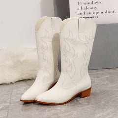 Embroidered White Cowboy Ankle Boots for Women