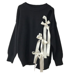Ladies Bowknot Long Sleeve Round Neck Pullover