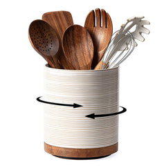 MIKIGEY Utensil Holder 360° Large Ceramic Kitchen Utensil Holder for Countertop Cooking Utensil Crocks for Kitchen Counter with Rotatable Wooden Base Farmhouse Kitchen Decor Arctic White