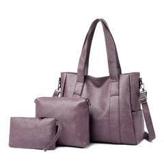 Classic Solid Color Faux Leather Bag Set (Large Capacity)
