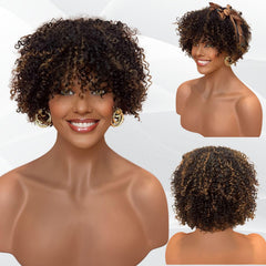 MPS Kinky Curly Wig with Bangs Blonde Highlight Wigs 3C-4A Coily Curl Short Human Hair for Black Women Ready to Wear