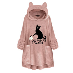 Long Sleeve Cat Print Hoodie with Irregular Hem