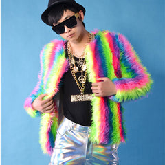 Men's Colorful Faux Fox Fur Coat with Long Sleeves