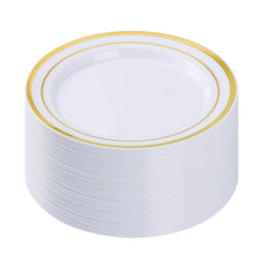 BESTVIP 50PCS Gold Plastic Plate 10.25 Inch Disposable Dinner Plate Party with Gold Rim Heavy Duty Disposable Plastic Plates for Party Wedding and Birthday