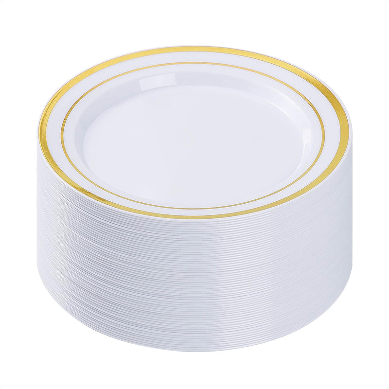 BESTVIP 50PCS Gold Plastic Plate 10.25 Inch Disposable Dinner Plate Party with Gold Rim Heavy Duty Disposable Plastic Plates for Party Wedding and Birthday