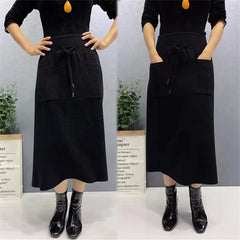 Korean Retro Knitted Wool Long Skirt with Pockets