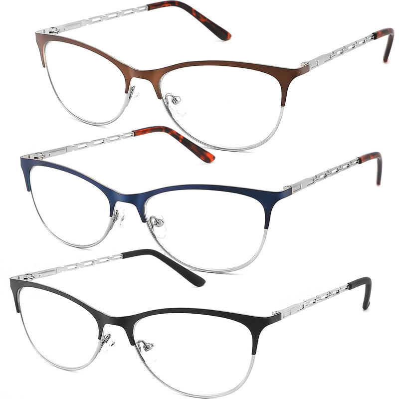 3 Pack Reading Glasses for Women Blue Light Blocking Metal Womens Computer Spring Hinge Readers Glass Cateye Full Frame Eyeglasses Anti Blue Ray Reduce Eye Strain Glare(275 Magnification Strength)