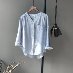 2018 Spring New Korean Women's Striped V-Neck Shirt