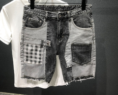 Summer Gray Denim Patchwork Plaid Hip-Hop Shorts