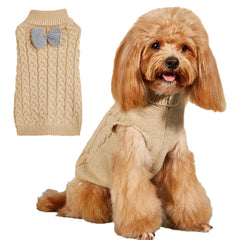 CHBORLESS Knitted Small Dog Sweater with Bowtie Turtleneck Puppy Knitwear Pullover Outfits Warm Pet Winter Clothes for Small Dogs Cats (Medium Khaki)