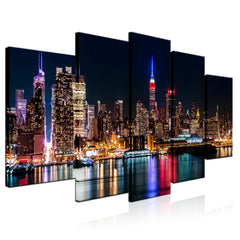 Biuteawal Large 5 Piece New York City Canvas Wall Art Manhattan Skyline at Night Picture Prints Modern Home Office Wall Decoration Gallery Wrapped Ready to Hang