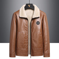 Men's Fleece Leather Jacket with Contrast Color Design