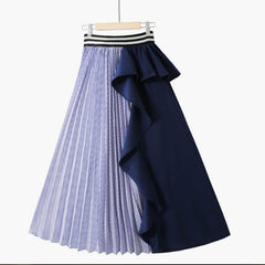 High-Waist Striped Ruffled Skirt with Contrast Stitching