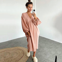 Autumn Long Sleeve Sleep Dress with V-Neck for Women