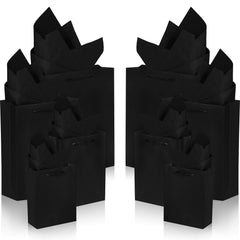 Outus 24 Pieces Black Gift Bags Paper Kraft Bags with 24 Pieces Copy Papers 4 Different Sizes in 6 Inches 8 Inches 11 Inches and 13 Inches for Birthday Graduations Parties Wedding (48 Pieces)