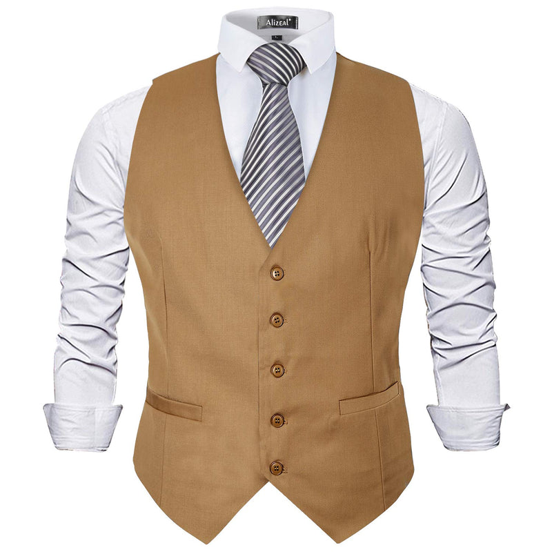Alizeal Mens Classic Solid Color Formal Business Suit Vest Regular Fit Waistcoat with 5 Buttons Khaki-M