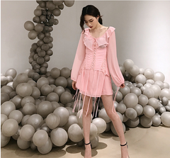 Ruffled Waistband V-Neck Dress