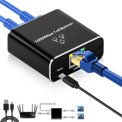 Ethernet Splitter Gigabit Network Port Splitter 1 in 2 Out 1 Female to 2 Female High Speed LAN Internet Adapter with USB C Charging Cable Plug and Play for Cat5 Cat5e Cat6 Cat7 Cat8 RJ45 Cord