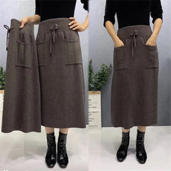 Korean Retro Knitted Wool Long Skirt with Pockets