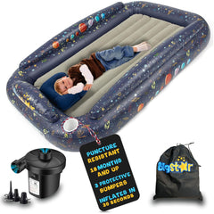 BIGSTAR Inflatable Toddler Travel Bed – Space-Themed 3-Sided Safety Bumpers – Portable Blow Up Bed for Kids Travel Sleepovers and Grandparents – 1 Year Manufacturer Warranty