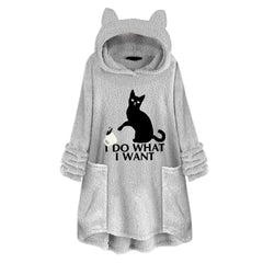 Long Sleeve Cat Print Hoodie with Irregular Hem