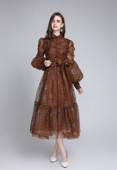 Women's Shiny Silk Print Mesh Star Waist Wrap Dress