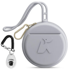 Dog Treat Pouch Small Bag with Training Clicker Fresh-keeping Silicone Metal Zipper Integrated Wristband Mini Portable Pocket Size Easy to Clean Pet Travel Walking Bag for Leash (Grey)