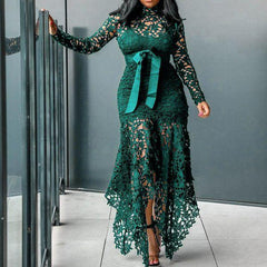 Long-sleeved Stand-up Collar Irregular Tie Dress