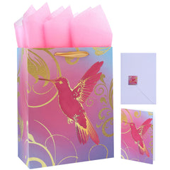 Qirrmiy 13" Large Pink Gift Bag Set with Greeting Card and Tissue Papers (A Pink Bird Design) for Celebrating Birthdays Weddings Anniversaries and Mothers Day-10.2”x5.2”x13” 1 Pcs.