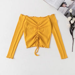 Long Sleeve Crop Top with Ruching and Off-Shoulder Design