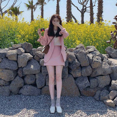 Pink British Style Women's Blazer and Skirt Set